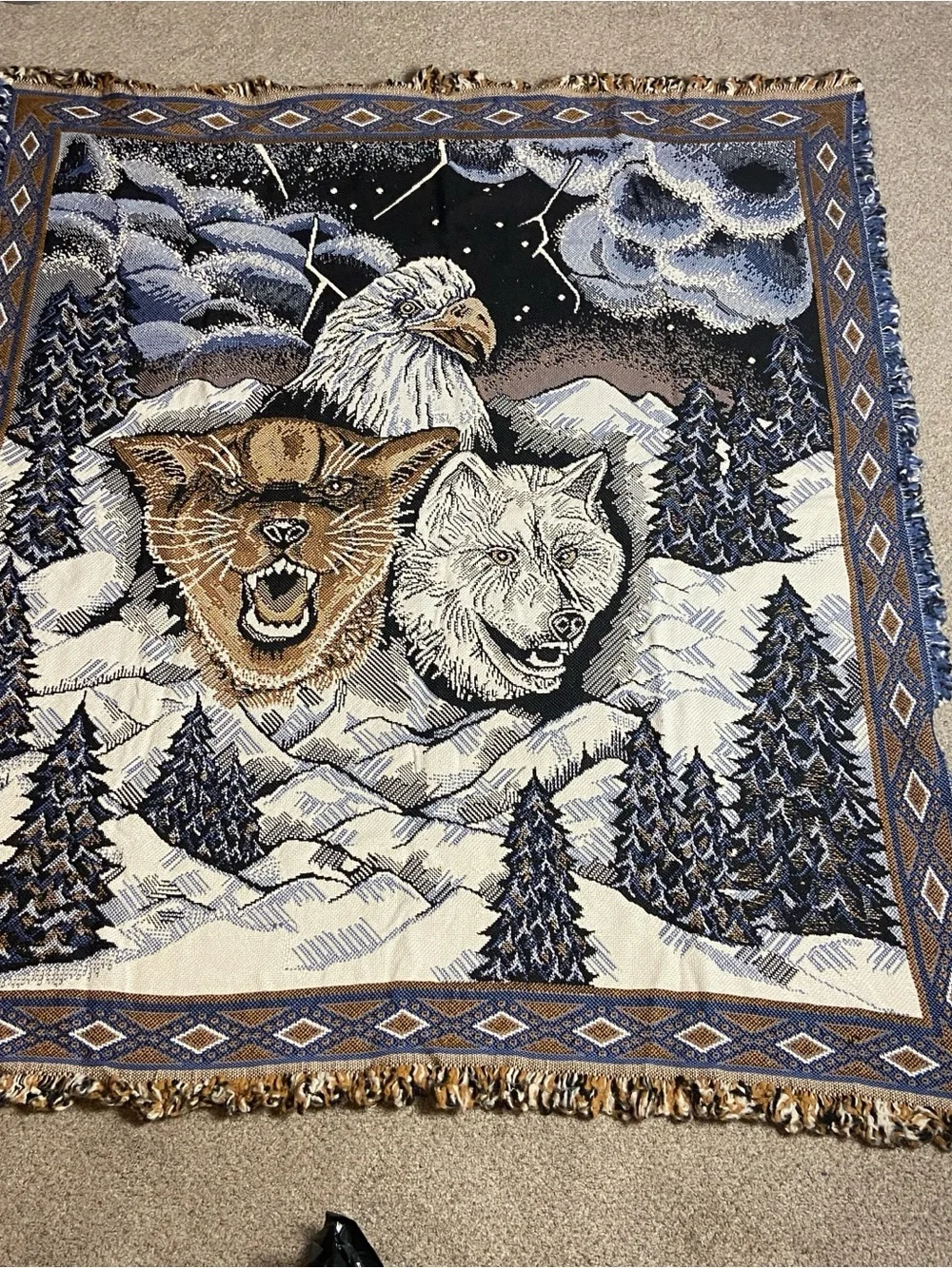 Eagle, Wolf & Cougar Woven Tapestry Throw - Blue, White & Brown 56 x 48 inches